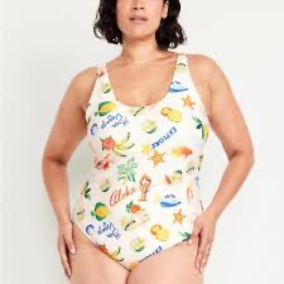 Old Navy One Piece Swimsuit Womens Large White Tropical Fish Food Novelty Print - Picture 15 of 15